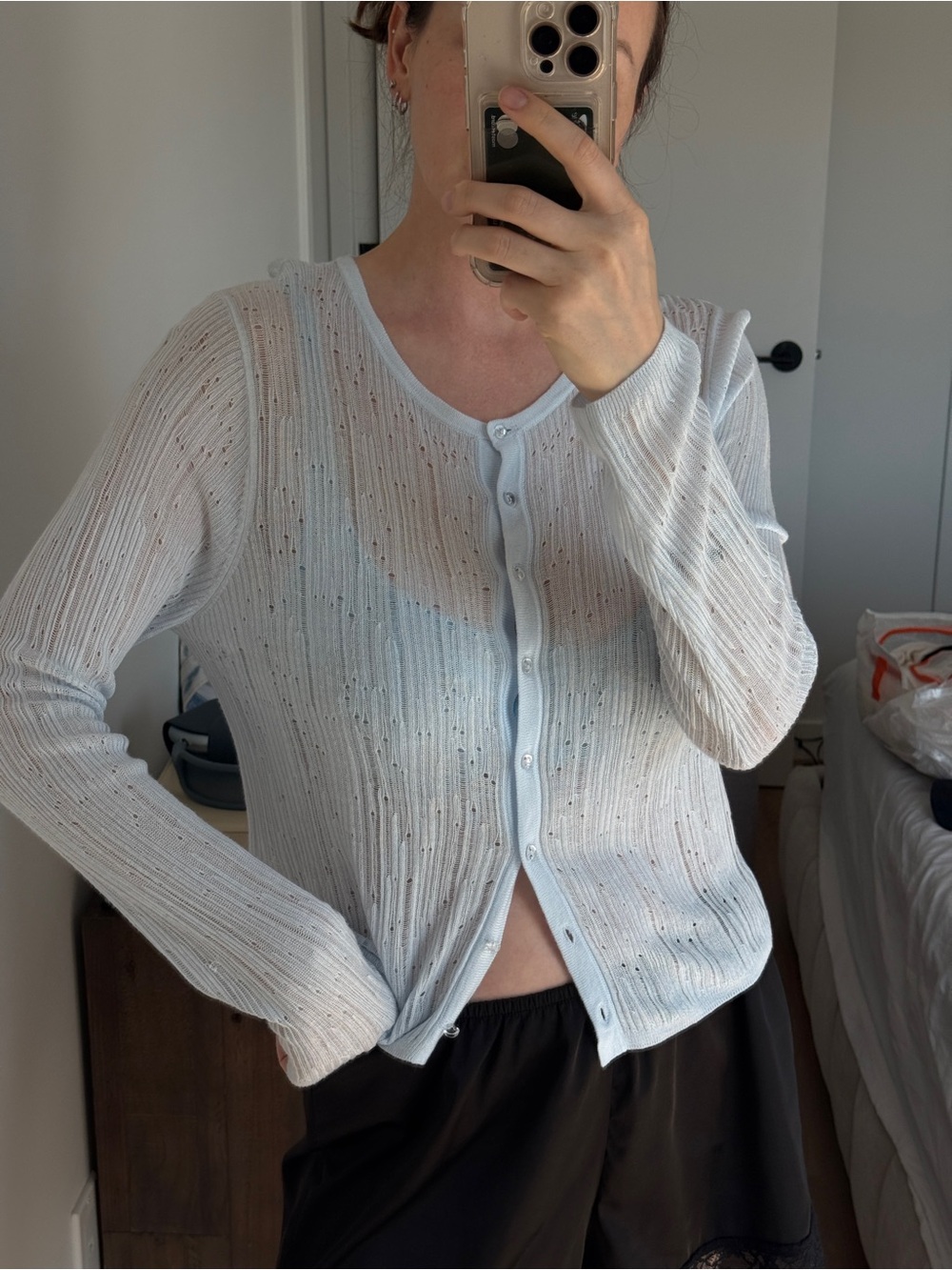 Light Blue Sheer Knit Button-Up Cardigan
